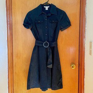 Belted navy blue shirt dress